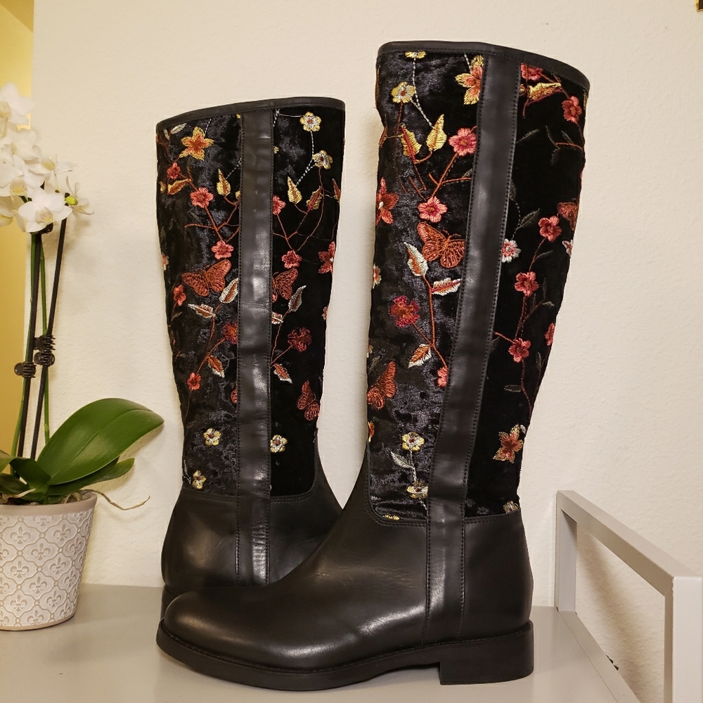 Embroidered Black Velvet & Leather Knee-High Boots - Women